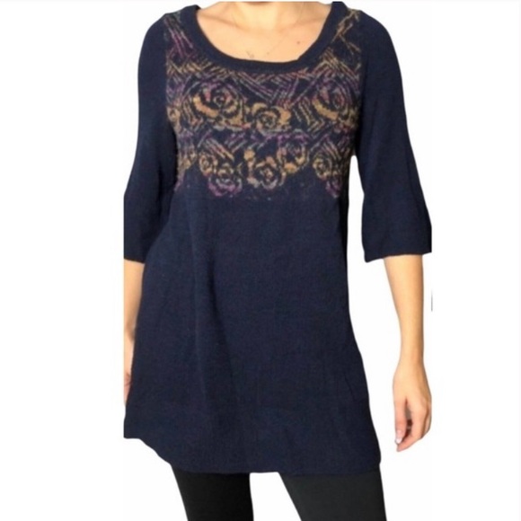 Free People Navy Blue Desert Rose Tunic Sweater W-489 Size M - Picture 1 of 9
